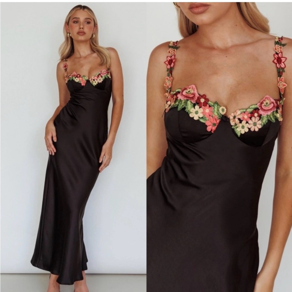 ****Sold****Selfie Leslie Black Maxi Dress with Floral Embroidery